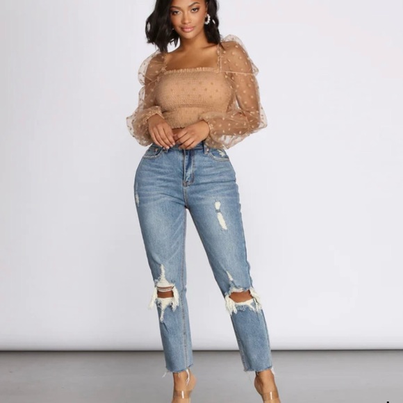 Fashion Nova Tops - Women’s Nude Polka Dot Sheer Puff Sleeve Top